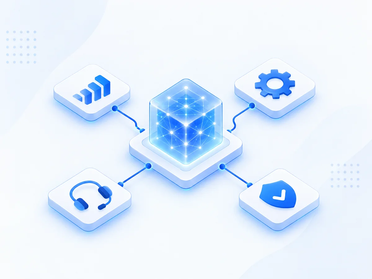 המחשה איזומטרית של פלטפורמת NextCode המחברת תהליכים, מידע, אוטומציה ו-AI